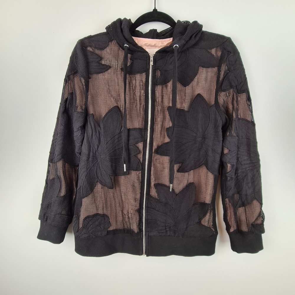 Anthropologie AVEC LES FILLES Floral Mesh Hoodie XS Black Blush Embroidered Top